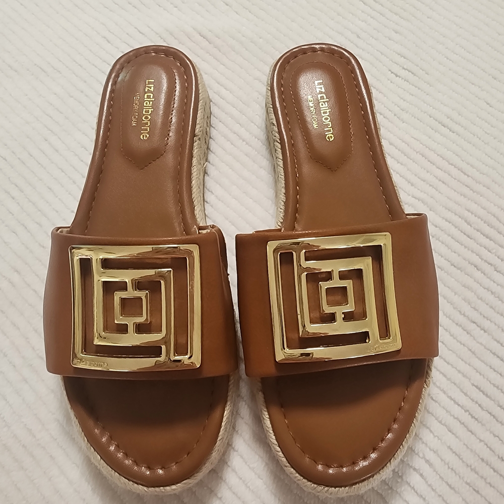 Liz Claiborne Brown Slide Sandals with Gold Accent